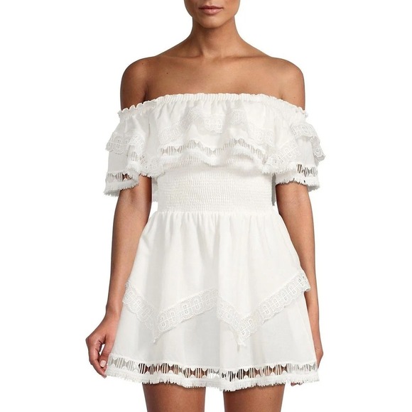Saks Fifth Avenue Dresses & Skirts - Saks Fifth Ave White Off The Shoulder Ruffle Lace Trim Mini Dress Boho Dress